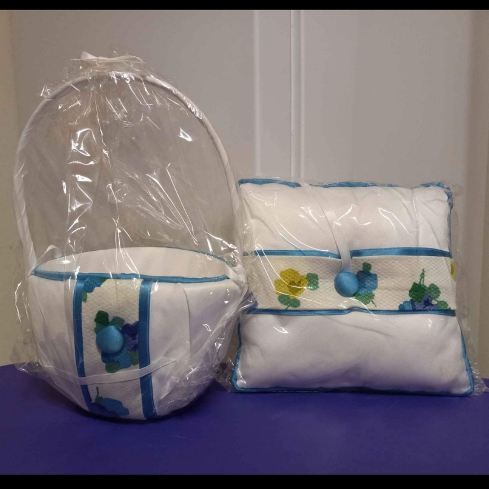 White and Blue Floral Basket and Pillow Set